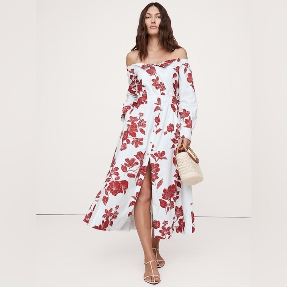 NWT! BR Floral Print Cotton Poplin Off-The-Shoulder Long Midi Shirt Dress🍉